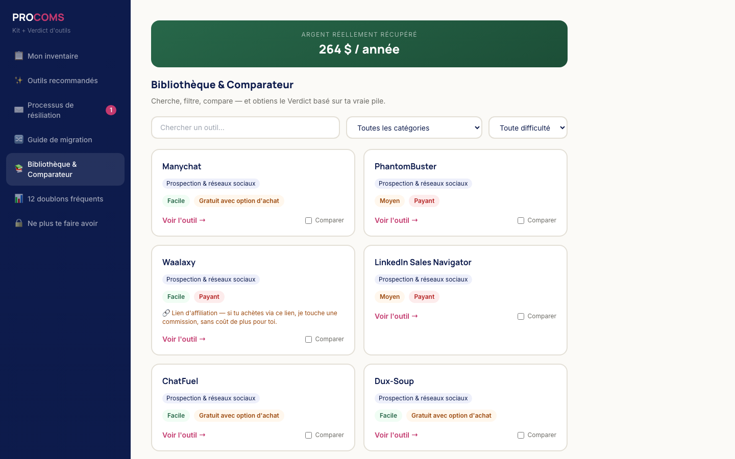 Bibliothèque et comparateur d'outils, avec verdict basé sur ta vraie pile