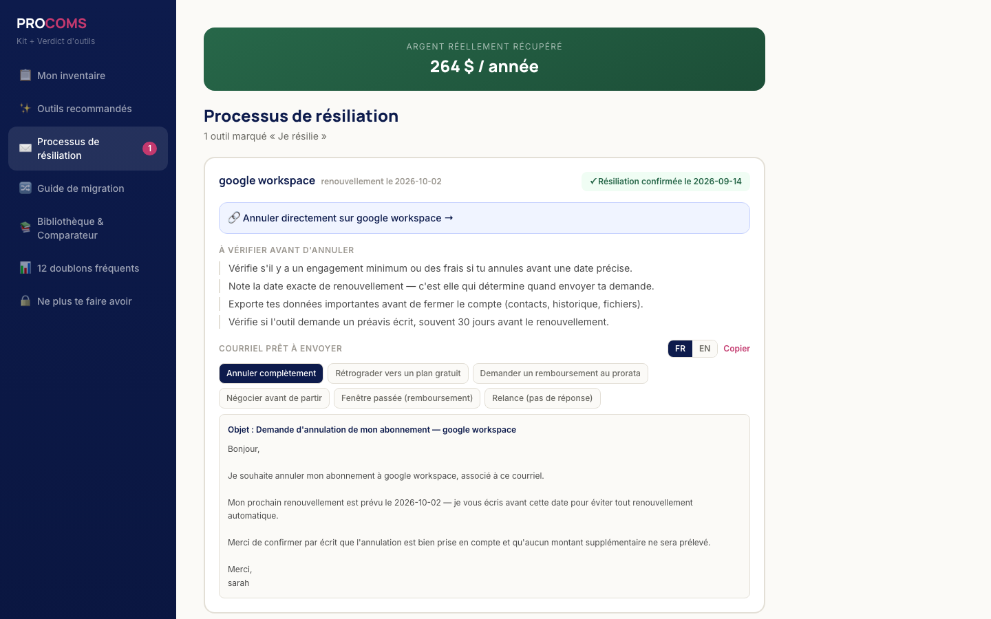 Courriel de résiliation prêt à envoyer, généré automatiquement dans l'Épurateur Tech